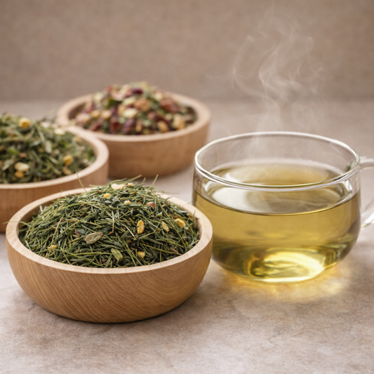 A clear cup of Tea’d Greens whole-leaf infusion beside dried young cereal leaves