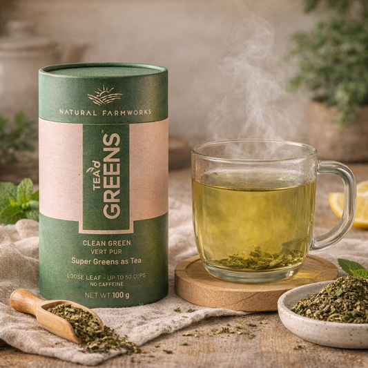 Tea’d Greens Clean Green beside young barley, wheat and oat leaves