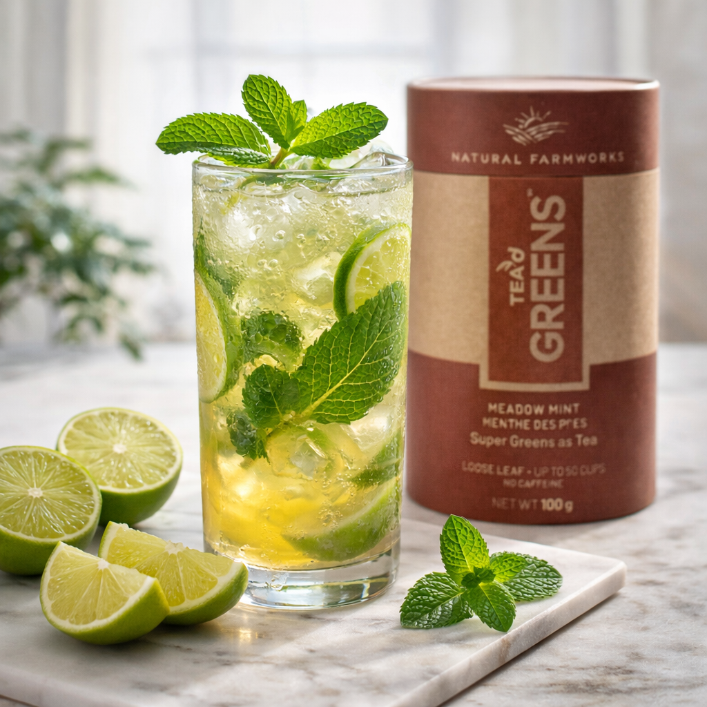 Meadow Mint mojito super greens refresher with fresh mint and lime over ice