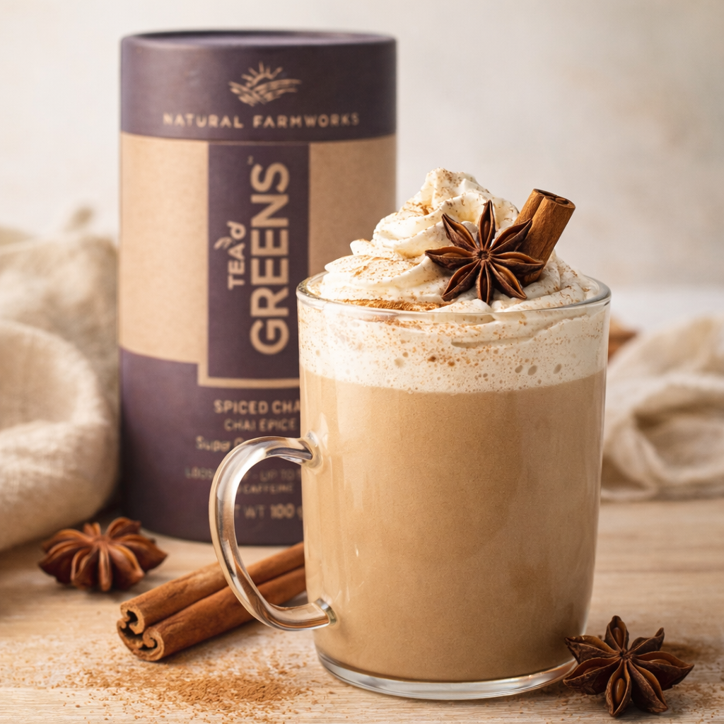 Spiced Chai latte made with Tea’d Greens whole-leaf infusion and frothed milk