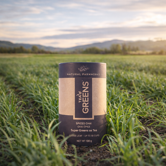 Tea’d Greens whole-leaf infusion beside the farm where the young greens are grown